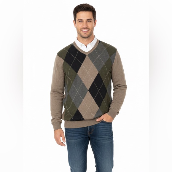 Claiborne Men's V-Neck Argyle Sweater - Brown, Green, and Black - Picture 2 of 7